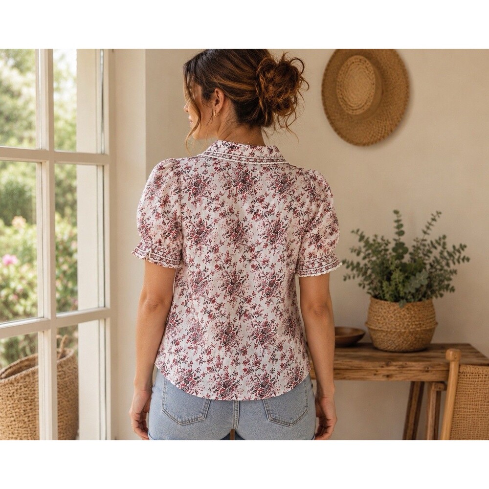 Max Studio Floral Cotton Blouse XS Puff Sleeve Ruffle Collar Cottagecore - Picture 6 of 14